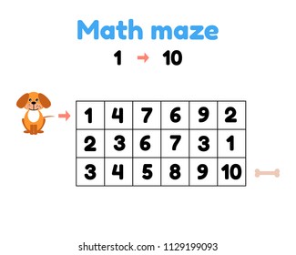 vector illustration. game for preschool children. mathematical maze. help the puppy to get to the bone.  find numbers from 1 to 10