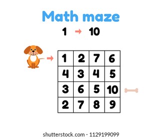 vector illustration. game for preschool children. mathematical maze. help the puppy to get to the bone.  find numbers from 1 to 10