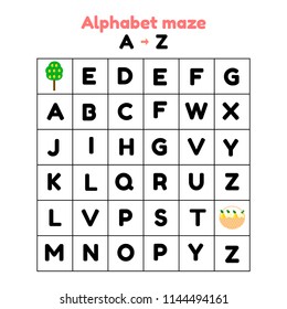 vector illustration. game for preschool and school children. alphabet maze.   find letters from a to z
