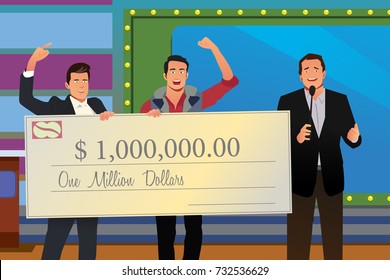 A Vector Illustration Of Game Show Winner Receiving Check