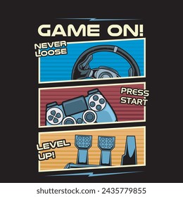 Vector Illustration of Game Steering Wheel and Joystick with Vintage Hand Drawing Style Available for Tshirt Design