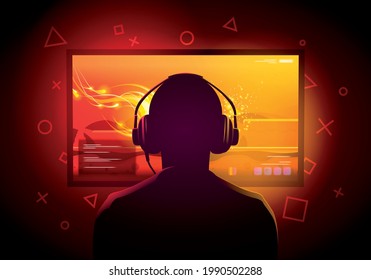 Vector Illustration Gamer Kid Sit In Front Of A Screen And Play Games