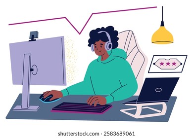 Vector illustration of gamer playing computer game, using desktop and laptop, with gaming keyboard and mouse. Female streamer in gaming chair, live streaming her gameplay, isolated colored clipart