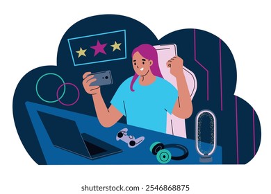 Vector illustration of gamer streaming at desk with gaming accessories, including a laptop, headset, and controller. Girl playing game on smartphon. Gaming, live streaming, and digital entertainment