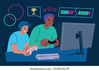 Vector illustration of gamers playing video game with controllers and console. Father and son spending time together, having fun, entertainment. Flat cartoon style. Gaming, family bonding