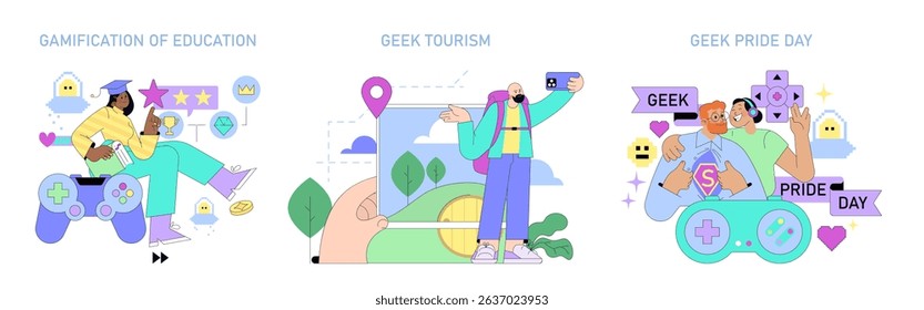 Vector illustration of gamification in education, depicting a playful classroom scene with diverse students using a game controller, enhancing engagement and learning.