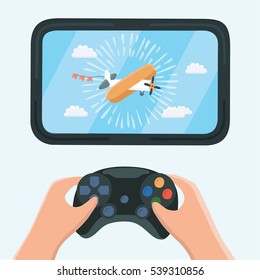 Vector illustration of gaming concept. Man holding in hands game pad and playing in airplanes videogame. Close up view