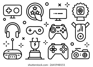 Vector illustration of gaming icons and accessories in a simple linear and flat design style