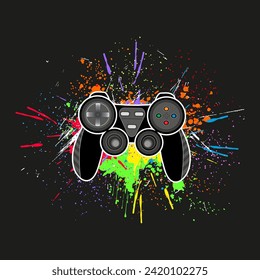 vector illustration with gaming joystick on multi-colored spray and blots