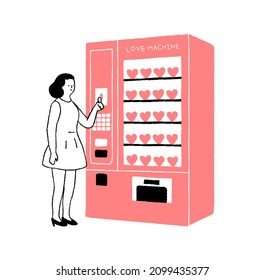 Vector illustration of gaming machine with pink hearts. Woman using vintage vending machine with pink hearts. Hand drawn art design for Valentine's Day greetings and card, web, banner, poster, print.