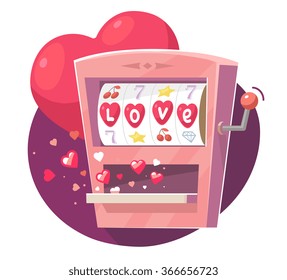 Vector illustration of gaming machine with red hearts on purple  background. Hand draw art design for Valentine's Day greetings and card, web, banner, poster, flyer, brochure, print.  