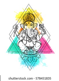 Vector illustration with Ganesha. Drawing by hand. Good for print for t-shirt, card, invitations.