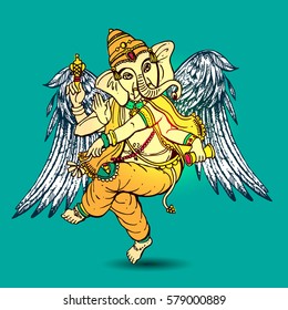 Vector illustration with Ganesha. Drawing by hand. Good for print for t-shirt, card, invitations.