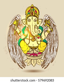 Vector illustration with Ganesha. Drawing by hand. Good for print for t-shirt, card, invitations.