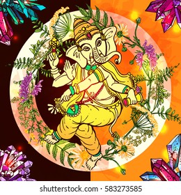 Vector illustration with Ganesha. Drawing by hand. Good for print for t-shirt, card, invitations.