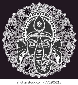 Vector illustration of Ganesha. Hindu god elephant Ganesha and flower mandala on the background. Lineart tattoo.