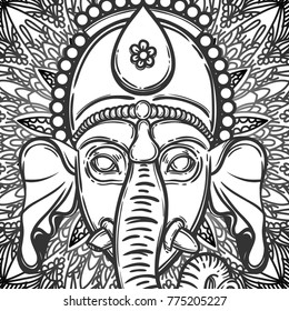 Vector illustration of Ganesha. Hindu god elephant Ganesha and flower mandala on the background. Lineart tattoo.