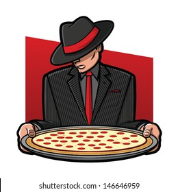 Vector Illustration of a gangster holding a pizza pie