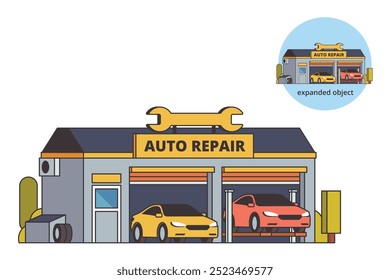 Vector illustration of Garage Auto Repair Shop building with Editable Outline	