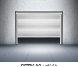 Vector illustration of garage with two entrances  and open shutter in grey brick wall. Realistic composition with opening door