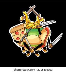 vector illustration garapic design for esport logo, t-shirt screen printing, restaurant wallpaper, sticker. images of burgers, pizzas, hot dogs and fast food noodles with samurai swords