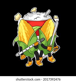 vector illustration garapic design for esport logo, t-shirt screen printing, restaurant wallpaper, sticker. picture of 2 corn holding a samurai and a bowl of rice