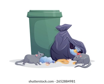 Ilustração vetorial de lixeira, saco de lixo rasgado e ratos. Conceito de infestação por roedores, problemas de desperdício alimentar, controle de pragas e higiene urbana. Imagem clipart isolada para banners e gabaritos.