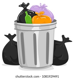 Vector Illustration of Garbage Can full of Garbage Bags