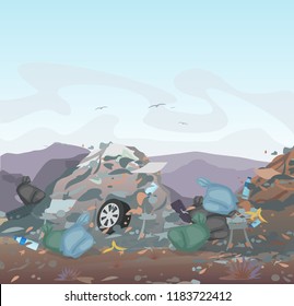 Vector illustration of garbage. landfill full of trash on mountains background. Ecology and recycle, Pollution Environment concept.