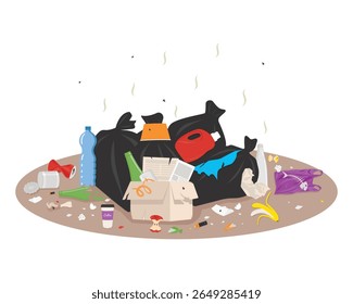 Ilustração vetorial de uma pilha de lixo com sacos de lixo cheios, resíduos dispersos, plástico, papel e restos de alimentos. Conceito de poluição, lixo e contaminação ambiental. Estilo de desenho animado plano.