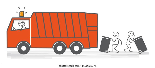 Vector illustration of garbage removal worker emptying dustbin into waste vehicle. Public cleansing service
