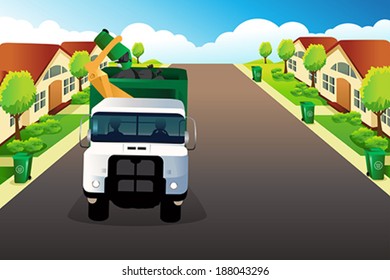 A Vector Illustration Of Garbage Truck Picking Up Trash In A Residential Area