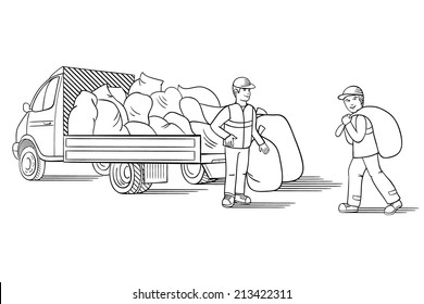 Vector illustration of garbage truck and scavenger. Black and white scavenger banner