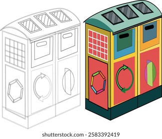 A vector illustration of a garbage truck and waste bins, depicting waste collection, recycling, and environmental cleanliness.