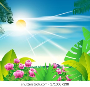 VECTOR ILLUSTRATION FOR GARDEN WITH  BEAUTIFUL EARLY MORNING 