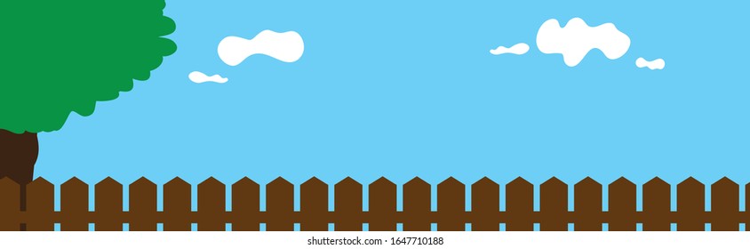 Vector illustration of garden behind the brown fence. Symbol of farm.