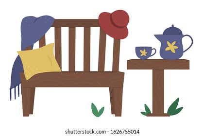 Vector illustration of garden bench with plaid, cushion, hat, table with teapot and cup. Place for rest after garden work. Post gardening relaxation picture