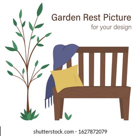 Vector illustration of garden bench with plaid, cushion, hat near the tree. Place for rest after garden work. Post gardening relaxation picture. Good for poster or card design