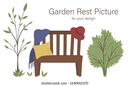 Vector illustration of garden bench with plaid, cushion, hat near the tree and bush. Place for rest after garden work. Post gardening relaxation picture. Good for poster or card design