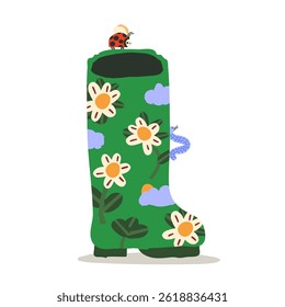 Vector illustration of a garden boot with flowers ladybug and caterpillar on a white background