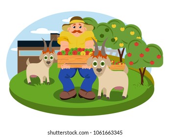 Vector illustration of the garden with a countryside man showing box of apples and sitting on the bench near the goats