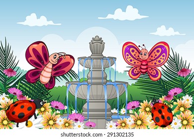 A vector illustration of garden with cute animals