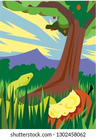 vector illustration of the garden of Eden. Depicts the forbidden fruit, the tree of knowledge and the serpent with an emphasis on the lost paradise 