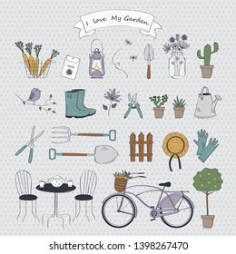 Vector illustration of garden elements: spade, pitchfork, plants, watering can,  flowers, garden gloves, boots, bicycle and garden furniture. Spring time - Vector