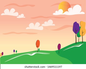 
Vector illustration of the garden in the evening