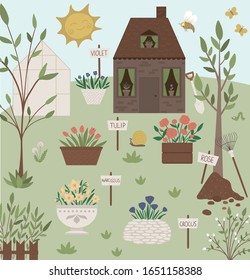 Vector illustration of garden with flower beds with name plates. Flat spring scene with a farm or country house with trees, bench, greenhouse, sun, gardening equipment