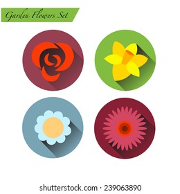 the vector illustration of garden flowers in a flat style with shadow