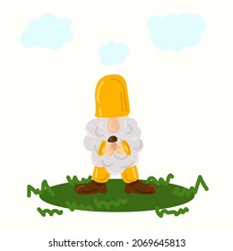 
Vector illustration of a garden gnome with a mushroom in his hands