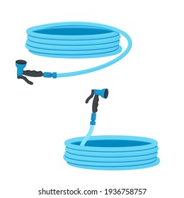 Vector illustration of a garden hose. Image in cartoon style. Isolated on a white background. Blue spray hose for irrigation
