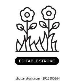 Vector illustration of garden icon. Garden with two flowers and grass on the ground. Editable stroke with line design style